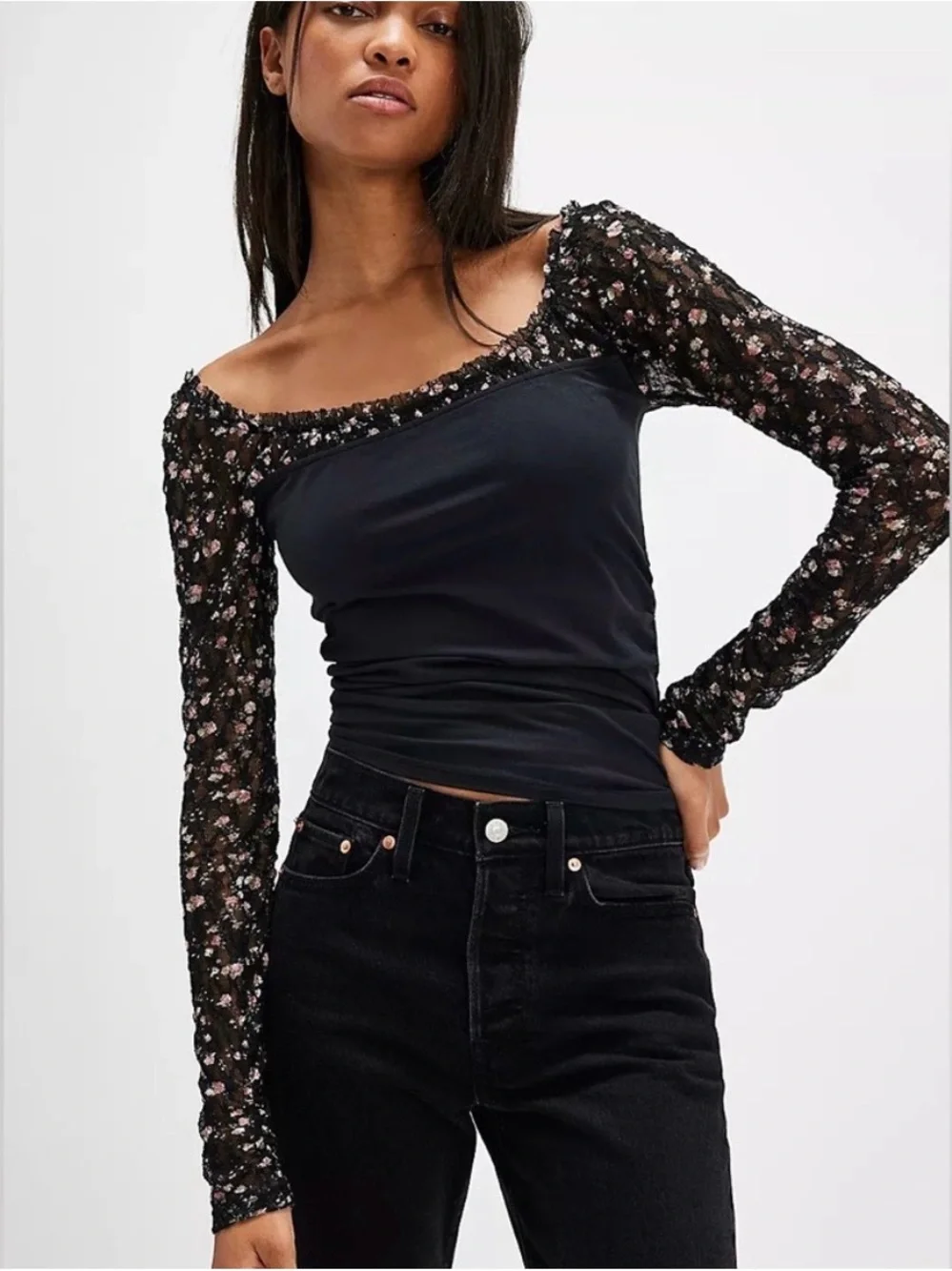 Free People Black Floral Mesh Long Sleeve Square Neck Top